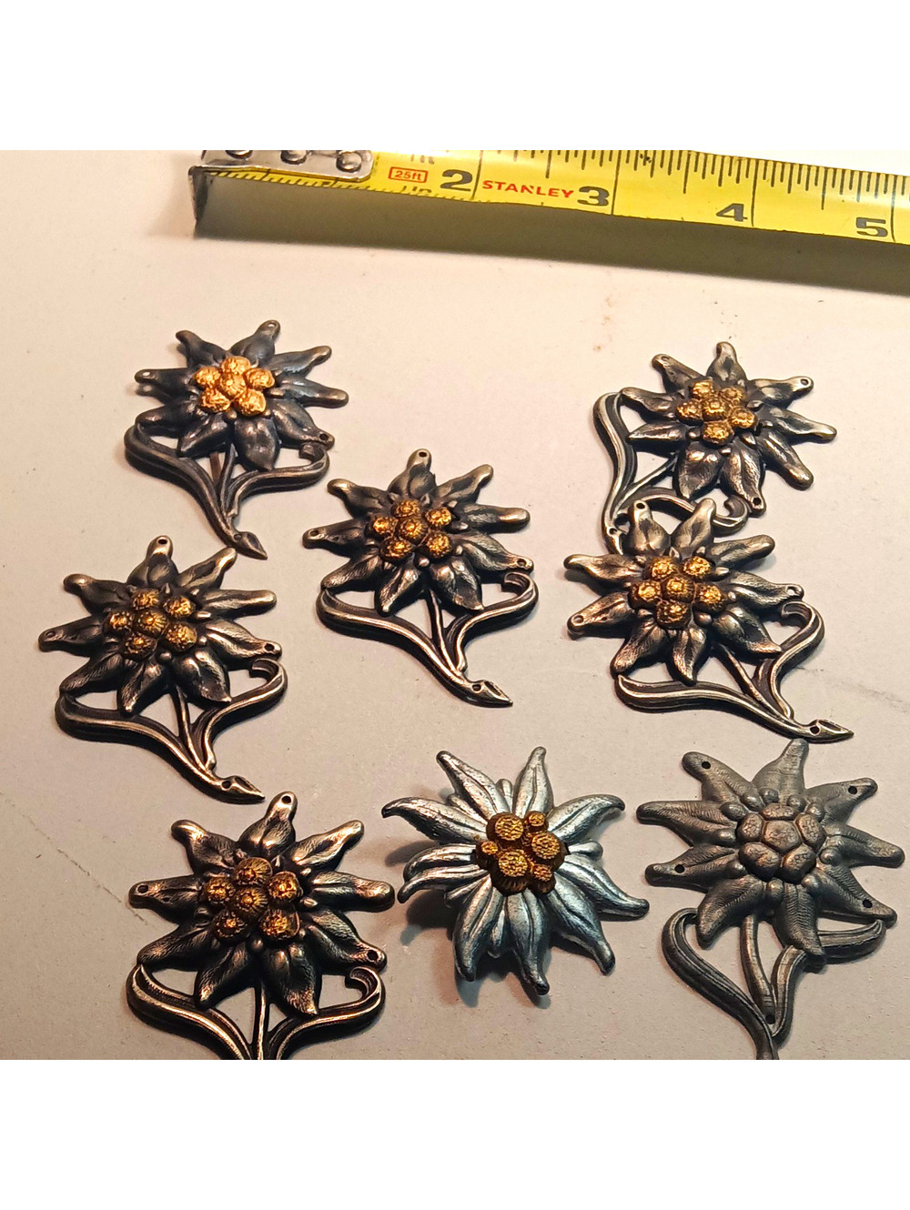 Lot of 7 Edelweiss Flower Metal Pins/Brooches Silver Tone w/ Gold Accents Craft